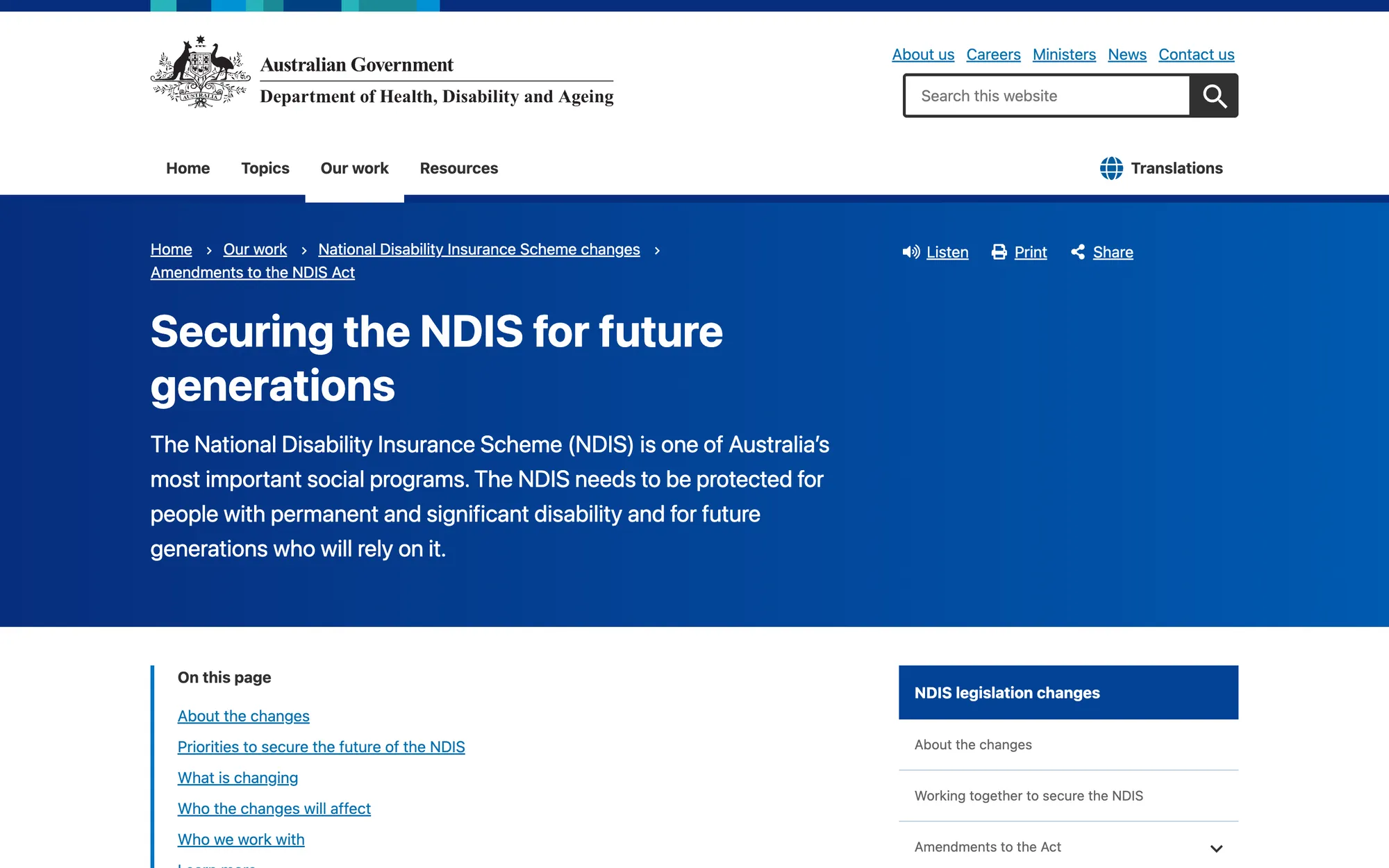 The Department of Health, Disability and Ageing page explaining the Securing the NDIS for future generations changes.