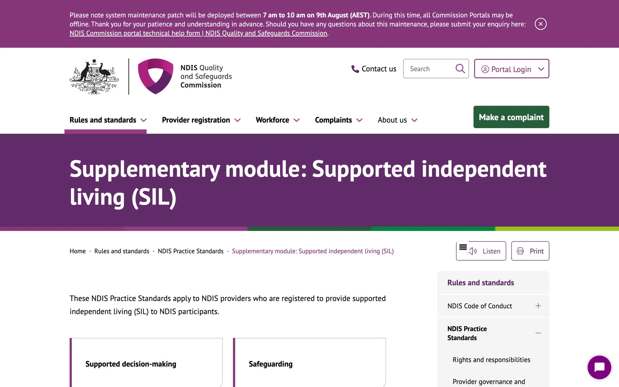 The NDIS Commission page for the supplementary module of the Practice Standards covering supported independent living.