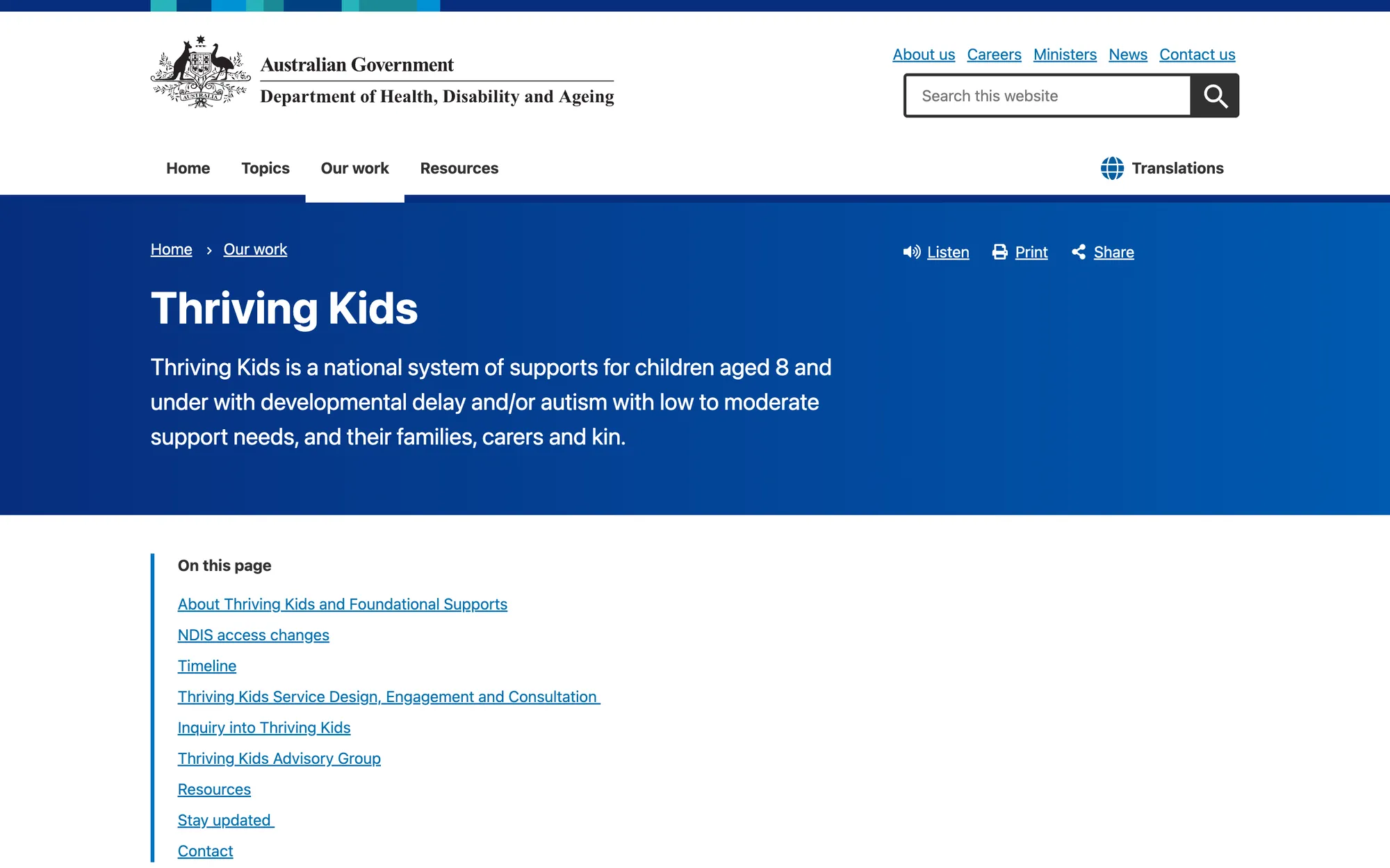 The Department of Health, Disability and Ageing page describing the Thriving Kids program for children aged 8 and under.