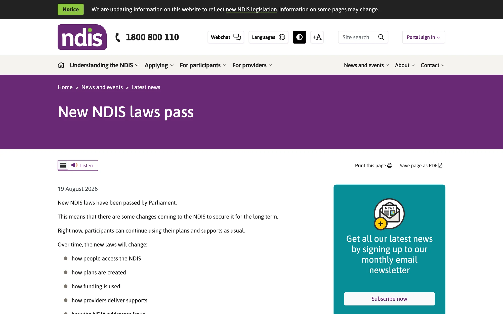The NDIS news article announcing that the Securing the NDIS for Future Generations legislation passed Parliament on 19 August 2026.