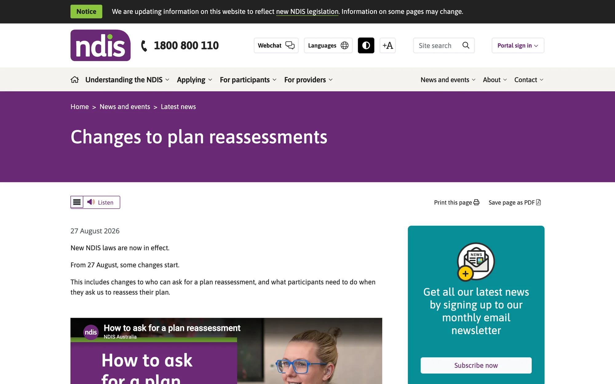 The NDIS page explaining plan reassessment changes that commenced on 27 August 2026.