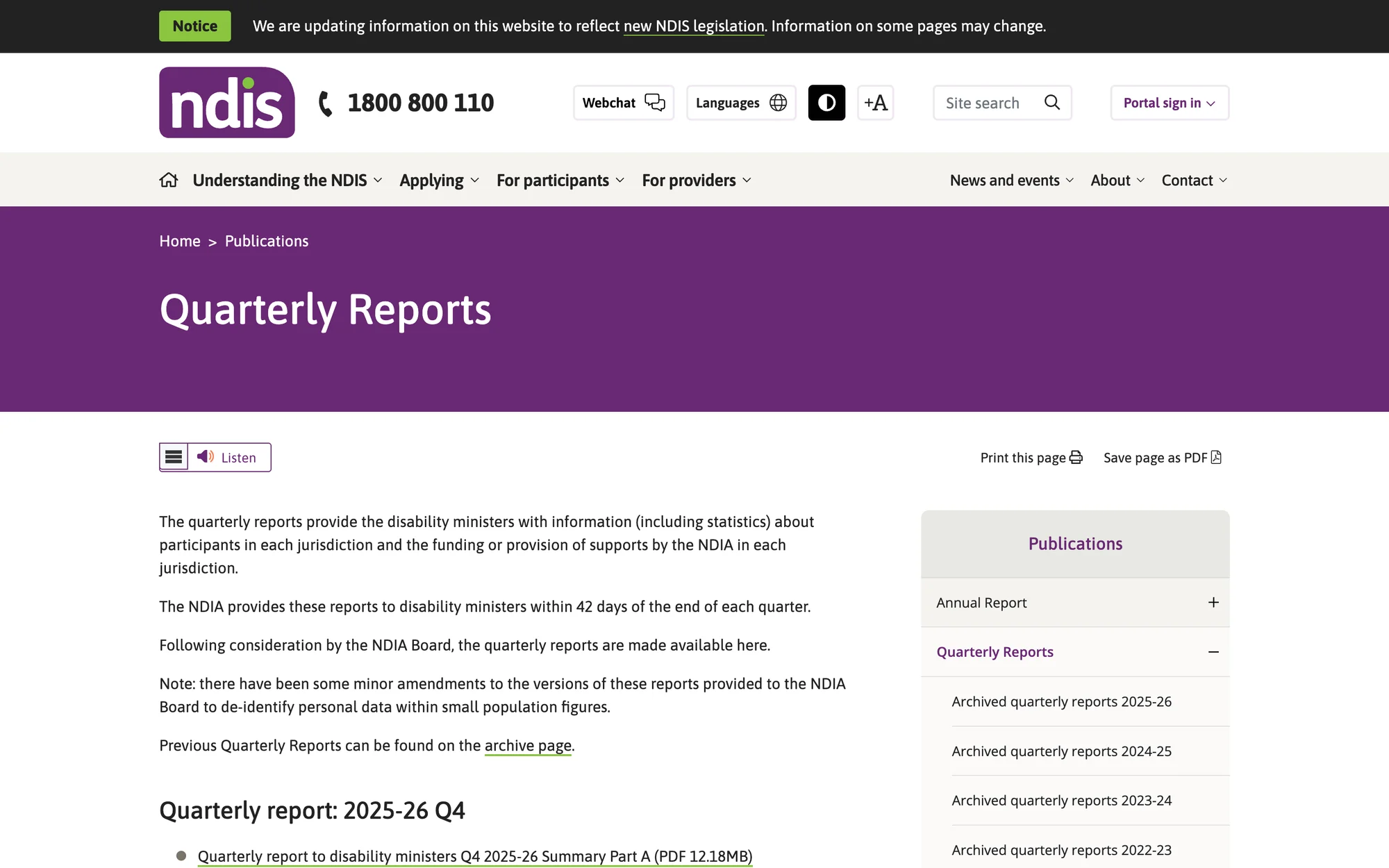 The NDIS quarterly reports page listing the Q4 2025-26 report, appendices, presentation and national dashboard.