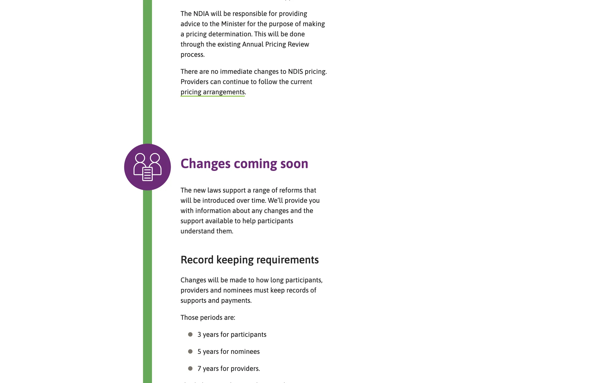 The NDIS implementation page explaining the new record-keeping periods for providers, nominees and participants.