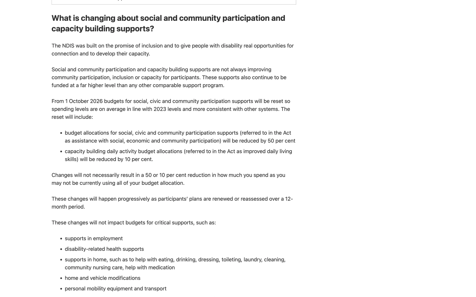 The Department of Health, Disability and Ageing page explaining the October 2026 reductions to social and community participation and capacity building daily activity budgets.